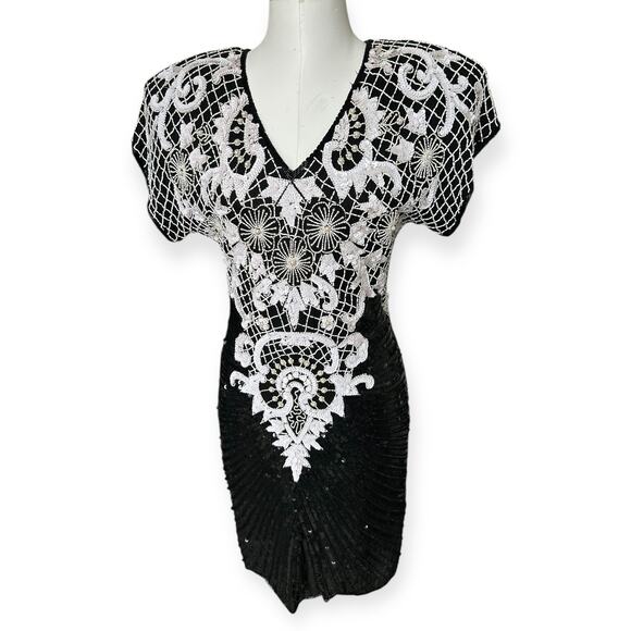 Vintage 80s Beaded Sequined Party Cocktail Mini Dress Carina Black White M Glam